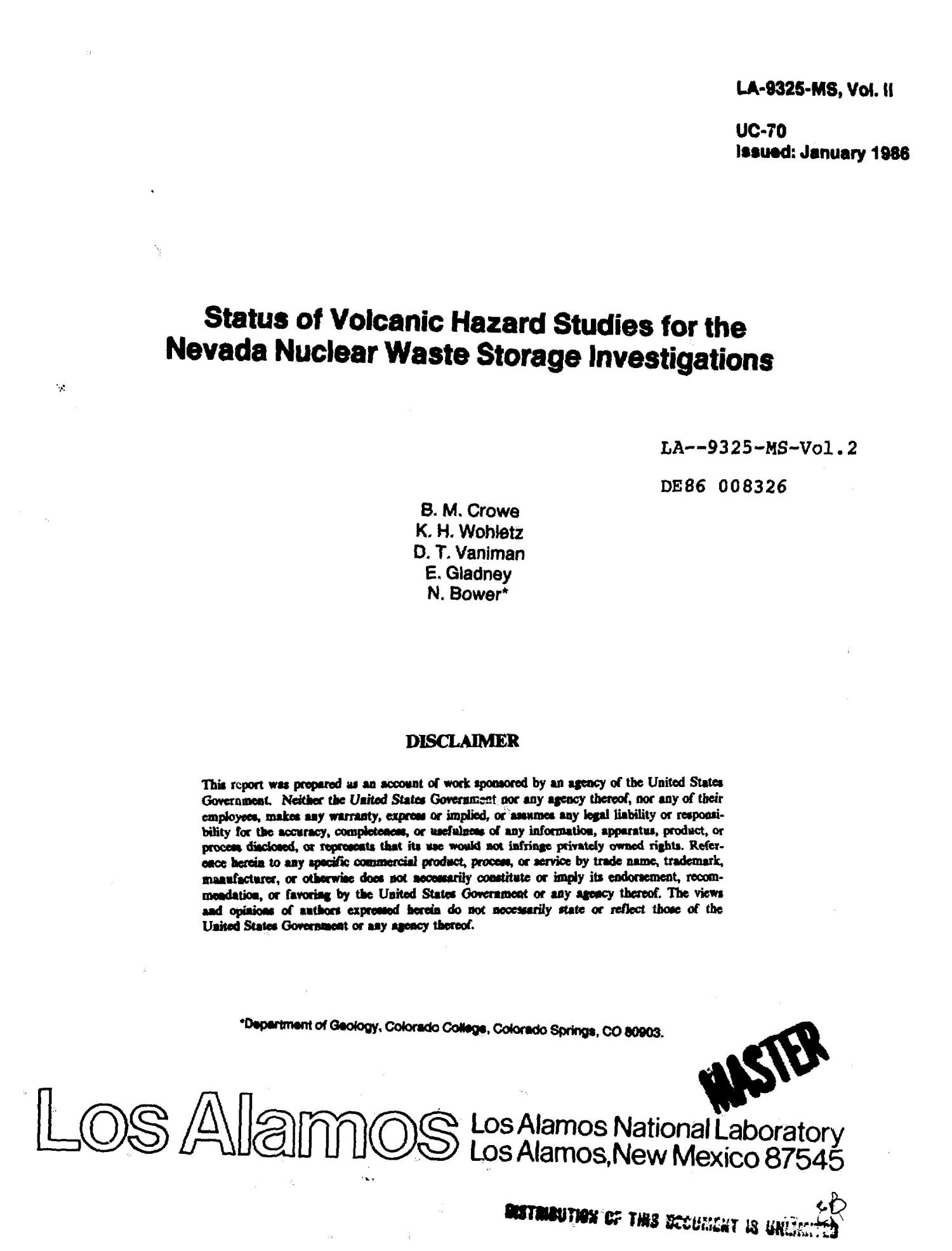 Status Of Volcanic Hazard Studies For The Nevada Nuclear Waste Storage Investigations Volume Ii Unt Digital Library