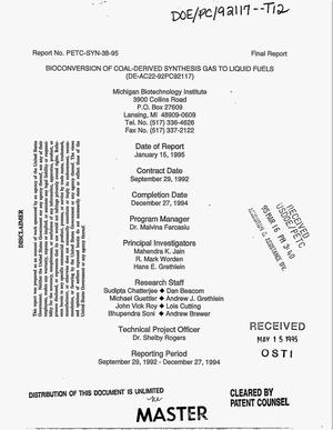 Bioconversion of coal-derived synthesis gas to liquid fuels. Final report, September 29, 1992--December 27, 1994