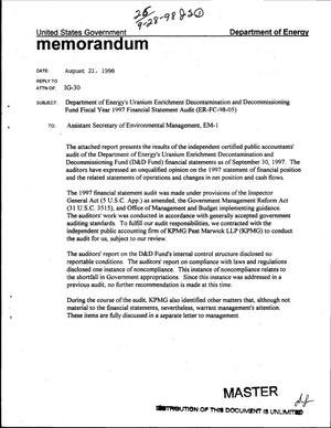 Department of Energy`s Uranium Enrichment Decontamination and Decommissioning Fund fiscal year 1997 financial statement audit