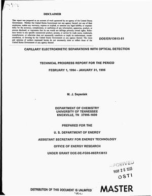 Capillary electrokinetic separations with optical detection. Technical progress report, February 1, 1994--January 31, 1995