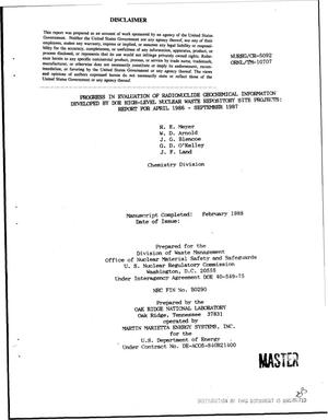 Progress in evaluation of radionuclide geochemical information developed by DOE high-level nuclear waste repository site projects: Report for April 1986-September 1987