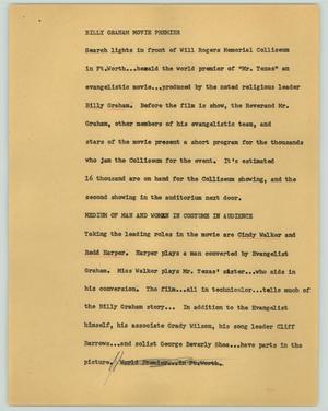 Primary view of object titled '[News Script: Billy Graham movie premier]'.