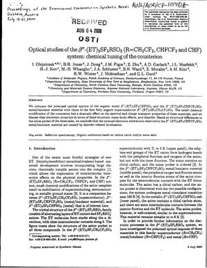 Optical studies of the {beta}{double_prime}-(ET){sub 2}SF{sub 5}RSO{sub 3} R = CH{sub 2}CF{sub 2}, CHFCF{sub 2} and CHF system: Chemical tuning of the counterion