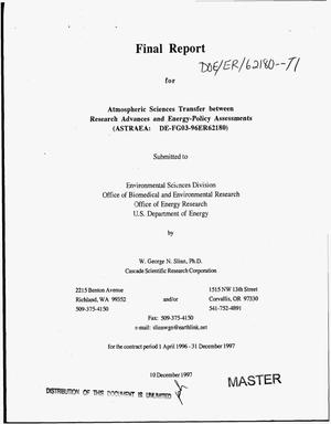 Atmospheric sciences transfer between research advances and energy-policy assessments (ASTRAEA). Final report, 1 April 1996--31 December 1997