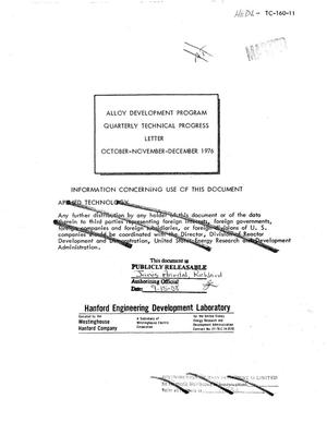 Alloy Development Program. Quarterly technical progress letter, October, November, December 1976