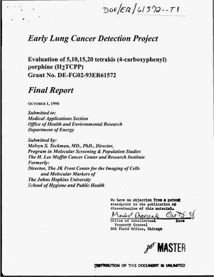 Primary view of object titled 'Early lung cancer detection project: Evaluation of 5, 10, 15, 20 tetrakis (4-carboxyphenyl) porphine (H{sub 2}TCPP). Final report'.