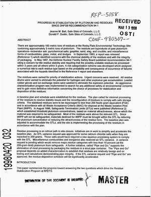 Progress in stabilization of plutonium and residues since DNFSB recommendation 94-1
