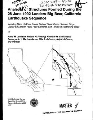 Analecta of structures formed during the 28 June 1992 Landers-Big Bear, California earthquake sequence (including maps of shear zones, belts of shear zones, tectonic ridge, duplex en echelon fault, fault elements, and thrusts in restraining steps)