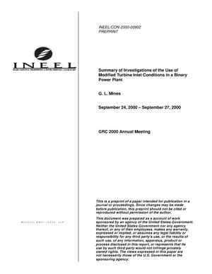 Summary of investigations of the use of modified turbine inlet conditions in a binary power plant