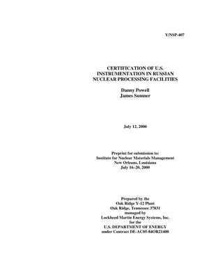 Certification of U.S. instrumentation in Russian nuclear processing facilities