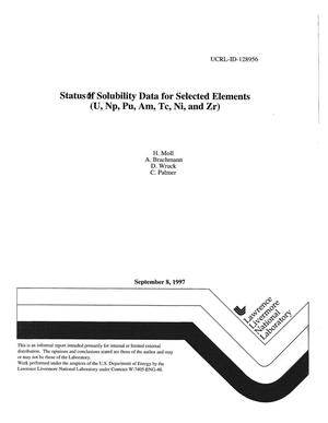 Status of solubility data for selected elements (U, Mp, Pu, Am, Te, Ni, and Zr)