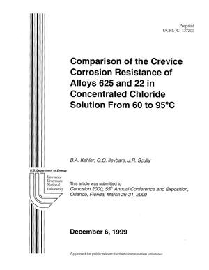 Comparison of the crevice corrosion resistance of Alloys 625 and 22 in concentrated chloride solution from 60 to 95 degrees C