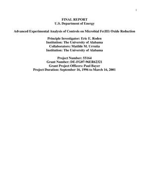 Advanced Experimental Analysis of Controls on Microbial Fe(III) Oxide Reduction - Final Report - 09/16/1996 - 03/16/2001