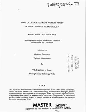 Deashing of coal liquids with ceramic membrane microfiltration and diafiltration. Final quarterly technical progress report, October 1--December 31, 1994