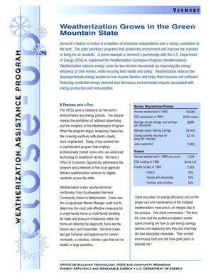 Weatherization Grows in the Green Mountain State (Vermont): Weatherization Assistance Close-Up Fact Sheet