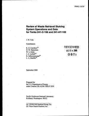 Review of Waste Retrieval Sluicing System Operations and Data for Tanks 241-C-106 and 241-AY-102