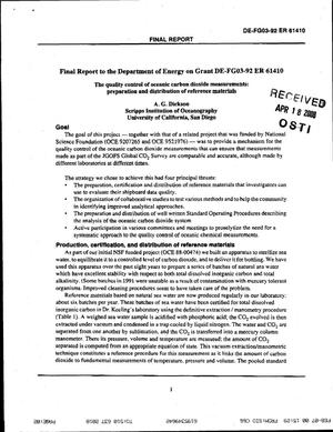 Final Report: The Quality Control of Oceanic Carbon Dioxide Measurements: Preparation and Distribution of Reference Materials, May 1, 1992 - March 14, 1998