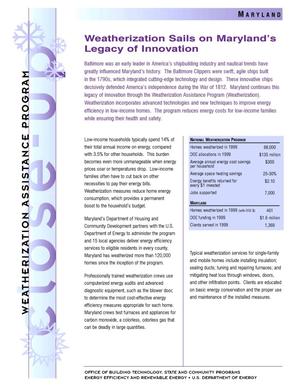 Weatherization Sails on Maryland's Legacy of Innovation: Weatherization Assistance Close-Up Fact Sheet