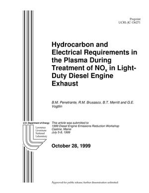 Hydrocarbon and Electrical Requirements in the Plasma During Treatment of NOx in Light-Duty Diesel Engine Exhaust