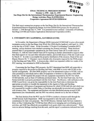 Final Report: San Diego Site for the International Thermonuclear Experimental Reactor - Engineering, January 15, 1992 - September 30, 1999