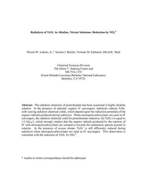 Radiolysis of TcO4- in alkaline, nitrate solutions: Reduction by NO{sub 3}{sup 2-}