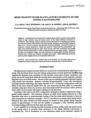 High Velocity Flyer Plate Launch Capability on the Sandia Z Accelerator