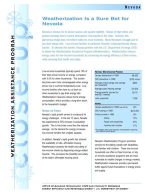 Weatherization is a Sure Bet for Nevada: Weatherization Assistance Close-Up Fact Sheet.