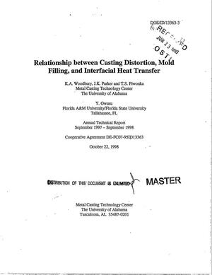 Relationship between casting distortion, mold filling, and interfacial heat transfer. Annual technical report, September 1997 - September 1998