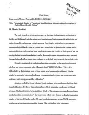Final Report: Mechanistic Studies of Transitional Metal Catalyzed Alternating Copolymerization of Carbon Monoxide with Olefins, July 1, 1994 - May 31, 1998