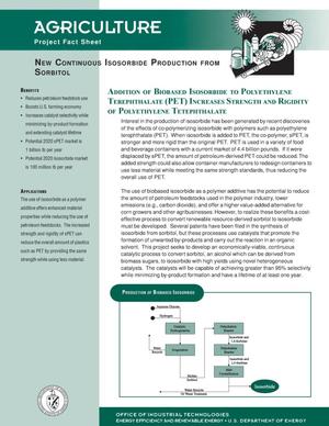 New Continuous Isosorbide Production from Sorbitol: Office of Industrial Technologies (OIT) Agriculture Project Fact Sheet