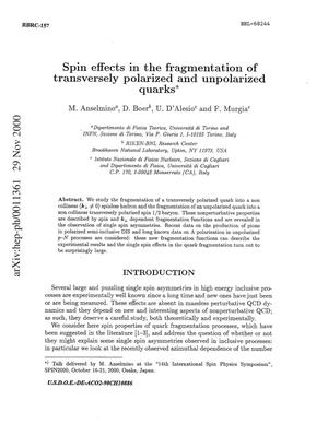 Spin Effects in the Fragmentation of Transversely Polarized and Unpolarized Quarks.