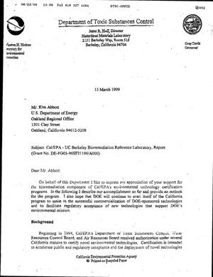 Primary view of object titled 'Final Report: Letter to Mr. Kim Abbott, DOE-OAK Cal/EPA-UC Berkeley Bioremediation Reference Laboratory, Report, September 15, 1996 - November 1, 1998'.