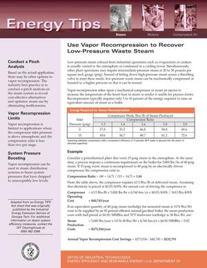 Use Vapor Recompression to Recover Low-Pressure Waste Steam: Office of Industrial Technologies (OIT) Steam Energy Tips Fact Sheet