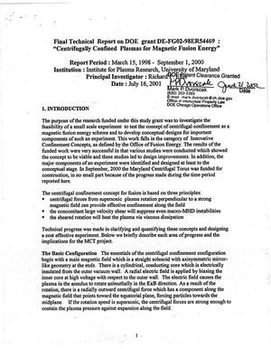 Centrifugally confined plasmas for magnetic fusion energy. Final technical report for period March 15, 1998 - September 1, 2000