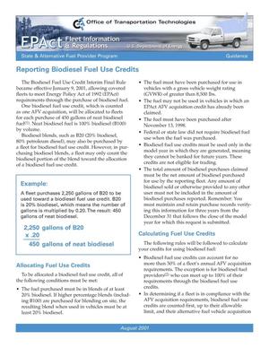 Reporting Biodiesel Fuel Use Credit: EPAct Fleet Information and Regulations, State and Alternative Fuel Provider Programs Guidance Fact Sheet