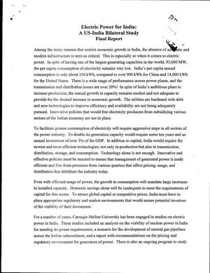 Final Report: Electric Power for India: A US-India Bilateral Study, January 1, 1998 - September 30, 1999