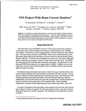 SNS Project-Wide Beam Current Monitors