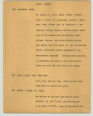 Primary view of object titled '[News Script: Prize winner]'.