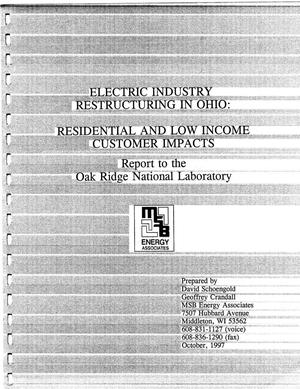 Electric Industry Restructuring in Ohio: Residential and Low Income Customer Impacts