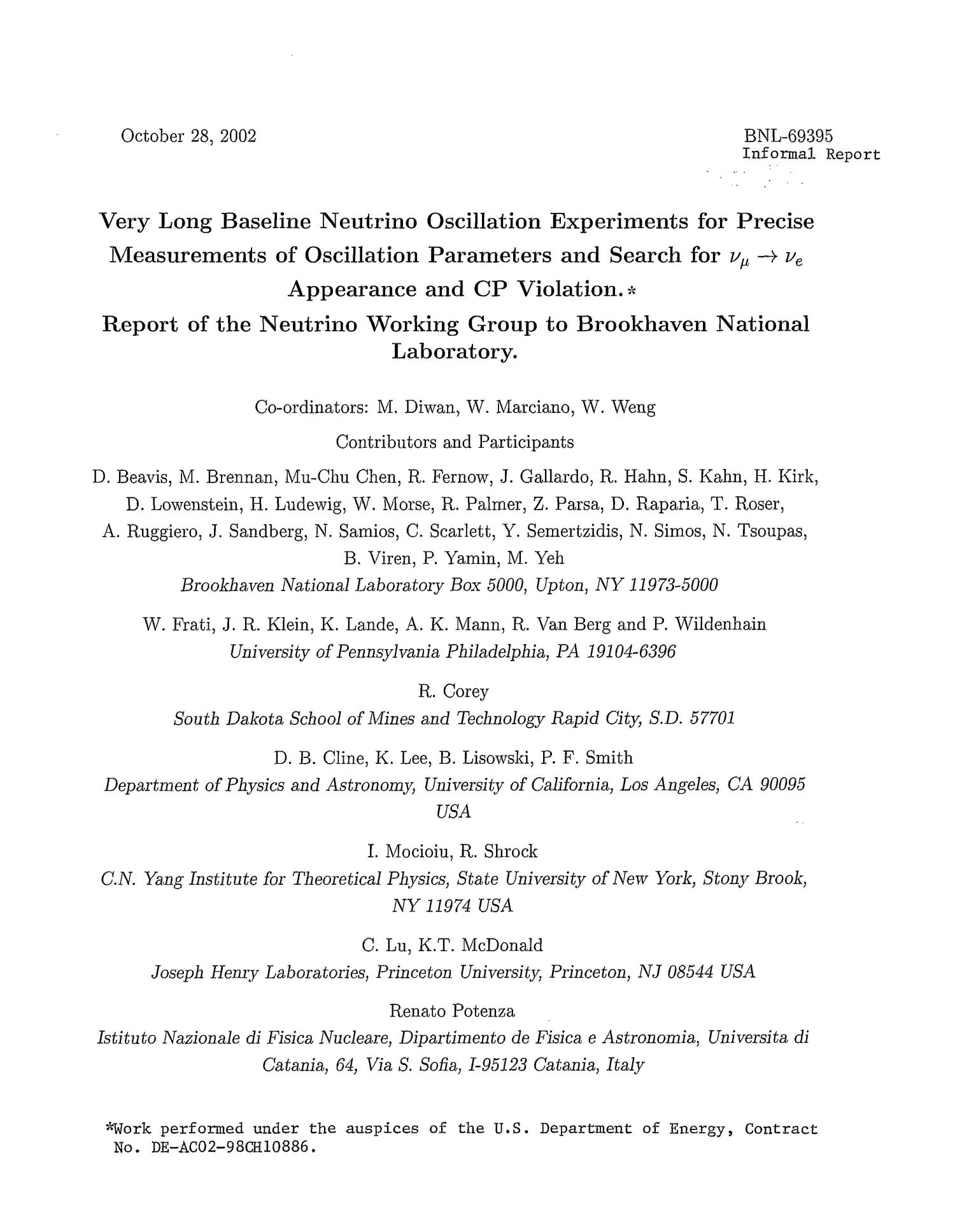 Very Long Baseline Neutrino Oscillation Experiments For Precise Measurments Of Oscillation Parameters And Search For N Mu Yields N Epsilon Unt Digital Library