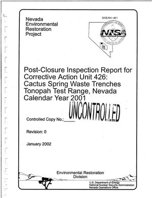 Primary view of object titled 'Post-Closure Inspection Report for Corrective Action Unit 426: Cactus Spring Waste Trenches Tonopah Test Range, Nevada Calendar Year 2001'.