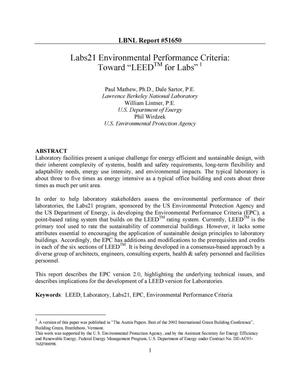Labs21 Environmental Performance Criteria: Toward 'LEED (trademark) for Labs'