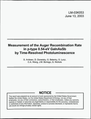 Measurement of the Auger Recombination Rate in p-type 0.54-eV GaInAsSb by Time-Resolved Photoluminescence