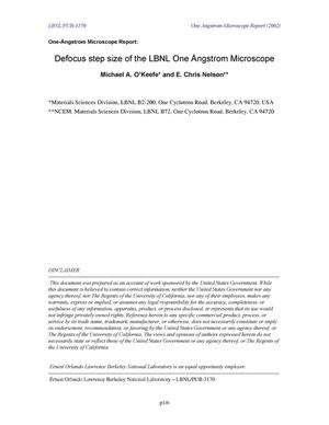 Defocus step size of the LBNL One Angstrom Microscope
