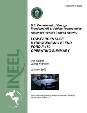Primary view of object titled 'Advanced Vehicle Testing Activity: Low-Percentage Hydrogen/CNG Blend Ford F-150 Operating Summary - January 2003'.