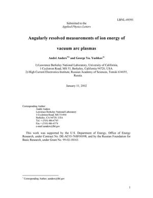 Angularly resolved measurements of ion energy of vacuum arc plasmas