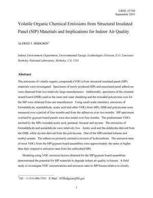 Primary view of object titled 'Volatile organic chemical emissions from structural insulated panel (SIP) materials and implications for indoor air quality'.
