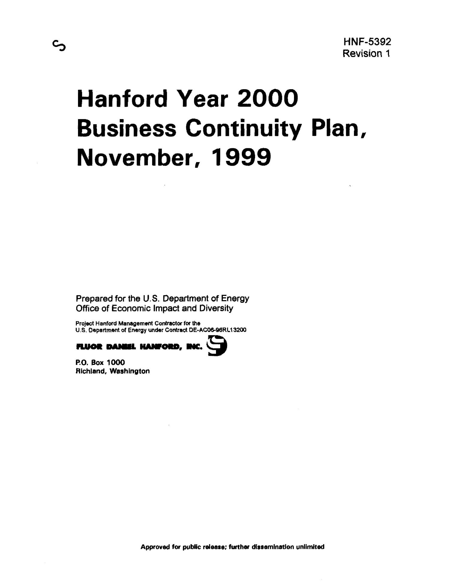 Hanford year 2000 Business Continuity Plan
                                                
                                                    [Sequence #]: 1 of 35
                                                