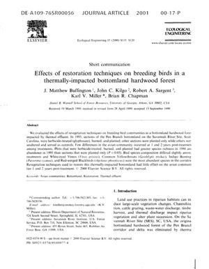 Effects of Restoration Techniques on Breeding Birds in Thermally-Impacted Bottomland Hardwood Forests