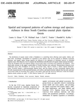 Spatial and Temporal Patterns of Carbon Storage and Species Richness in Three South Carolina Coastal Plain Riparian Forests